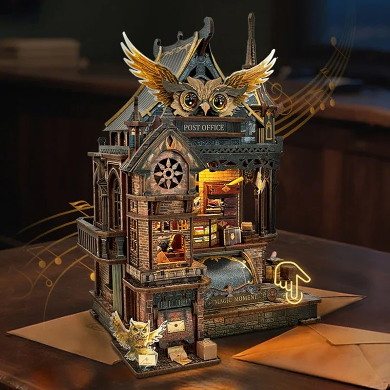 3D Wooden Owl Post Office Puzzle Kit with LED Lights – DIY Miniature Building Model for Adults & Teens