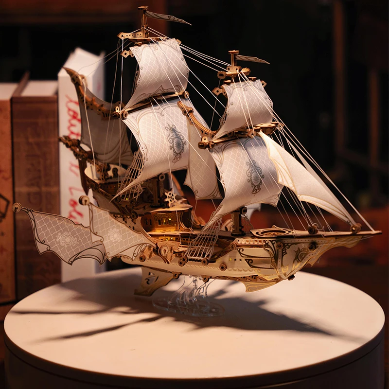 3D Wooden Elf Ship Puzzle Kit with LED Lights – DIY Fantasy Sailing Ship Miniature Model for Adults & Teens