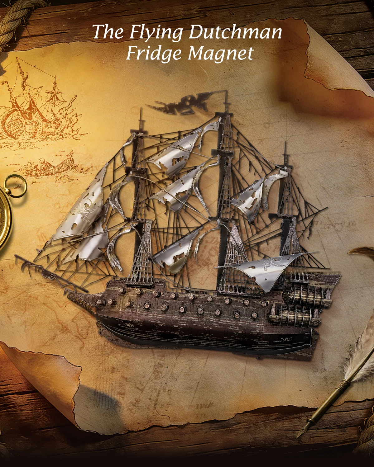 Flying Dutchman Pirate Ship 3D Metal Puzzle Fridge Magnet